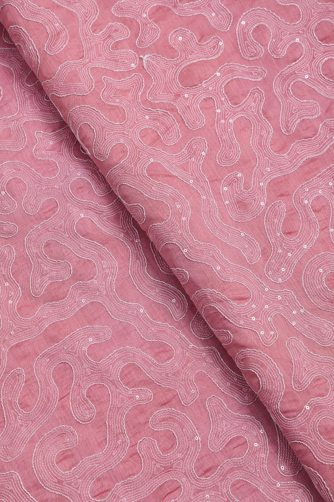Water Sequins With Thread Appealing Abstract Embroidery On Dusty Pink Pure Mul Chanderi Silk Fabric