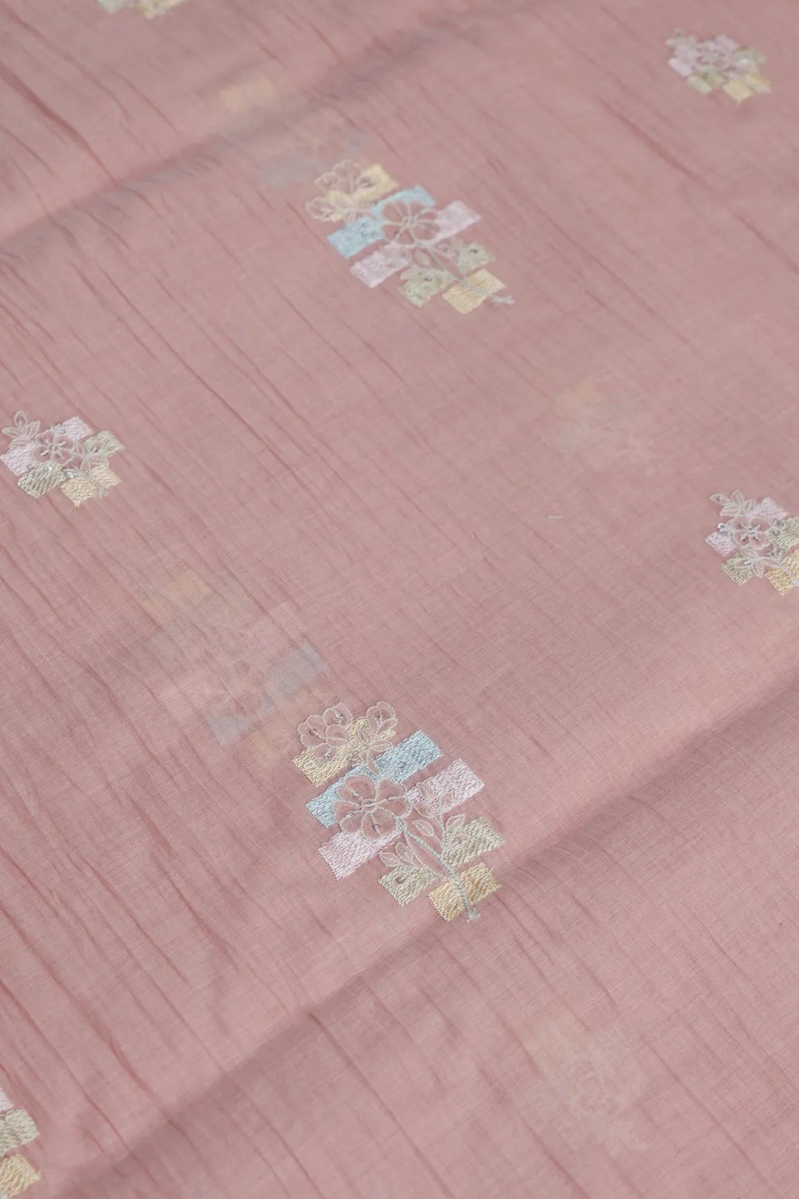 Beautiful Multi Thread With Sequins Floral Embroidery Work On Pastel Pink Pure Mul Chanderi Silk Fabric