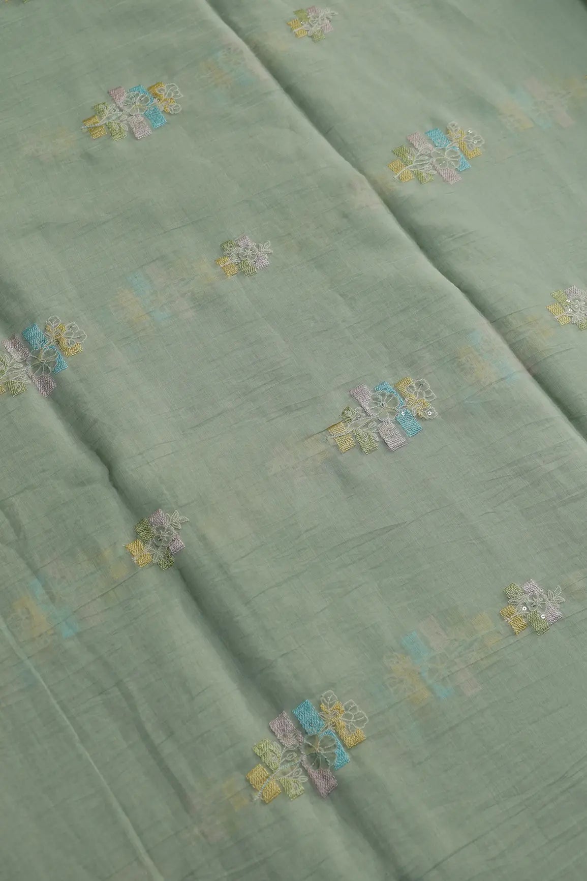 Beautiful Multi Thread With Sequins Floral Embroidery Work On Pastel Olive Green Pure Mul Chanderi Silk Fabric