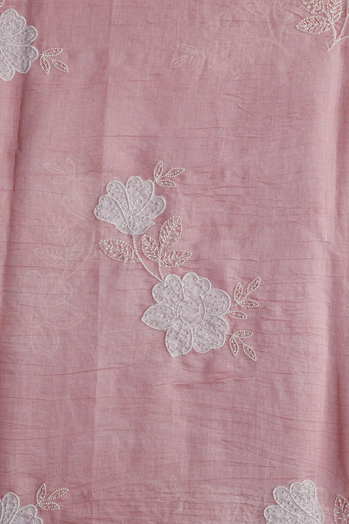 Beautiful Patch Work With Beads Embroidery On Pastel Pink Pure Mul Chanderi Silk Fabric
