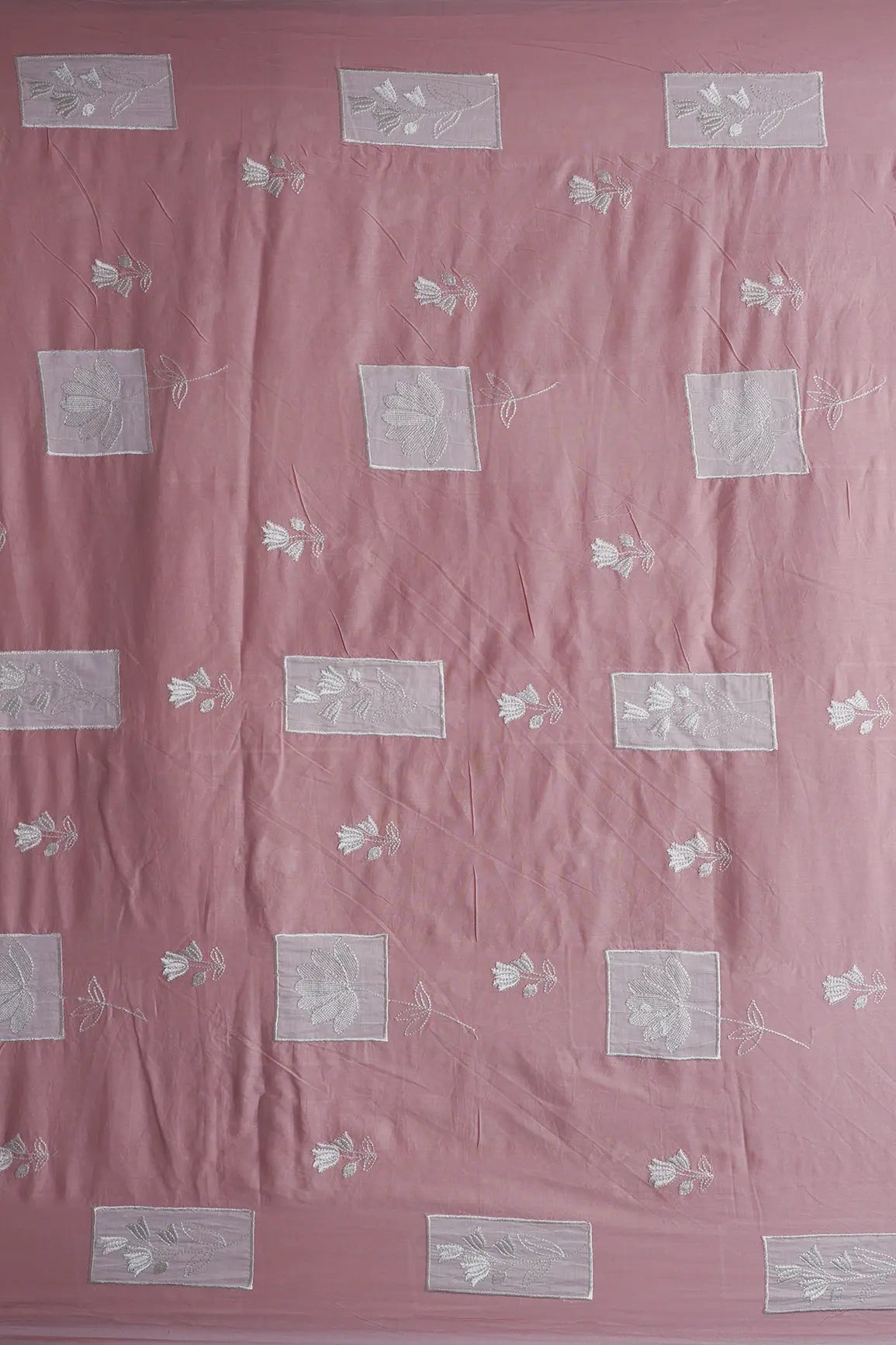 Applique Work Embroidery Design On Pastel Pink Pure Mul Cotton Fabric