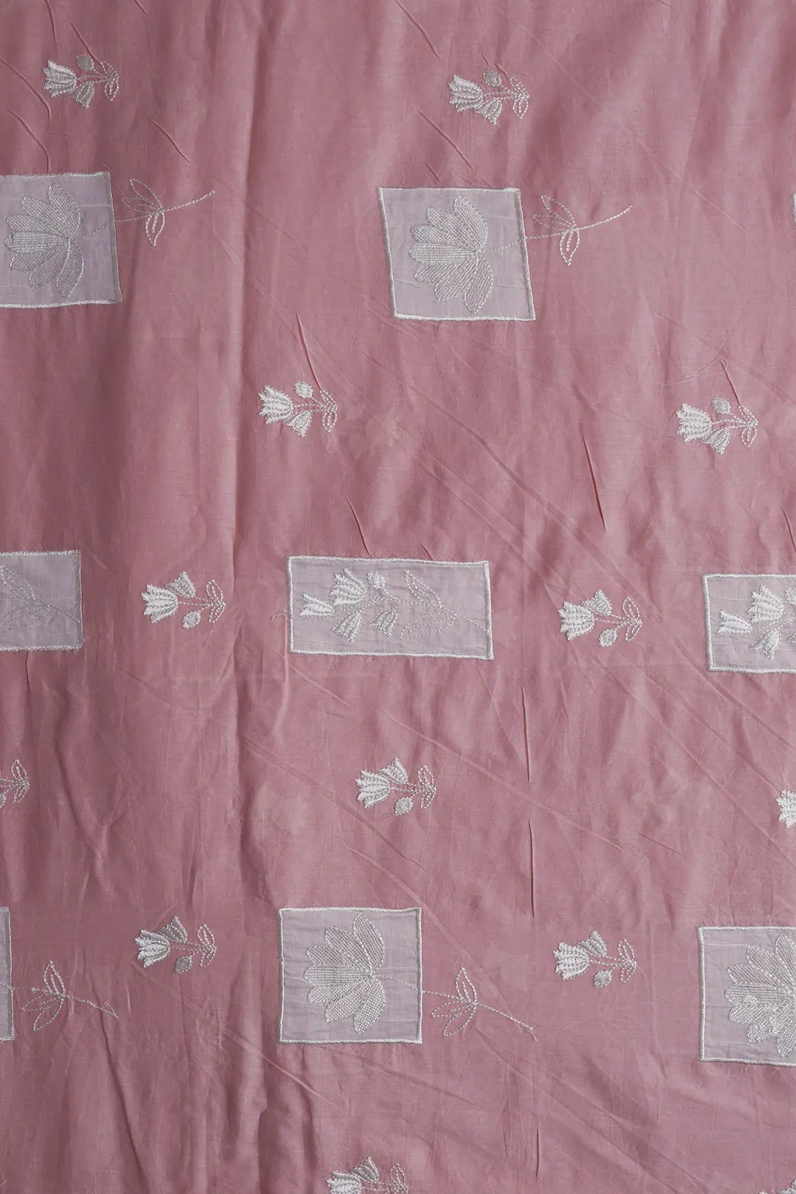 Applique Work Embroidery Design On Pastel Pink Pure Mul Cotton Fabric