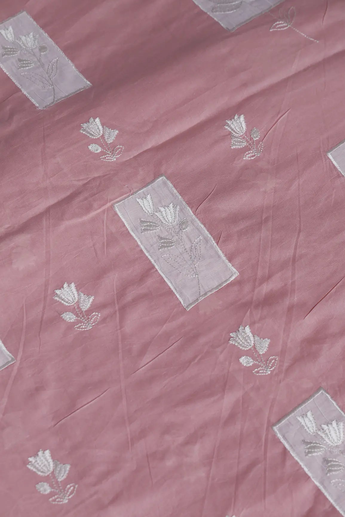 Applique Work Embroidery Design On Pastel Pink Pure Mul Cotton Fabric