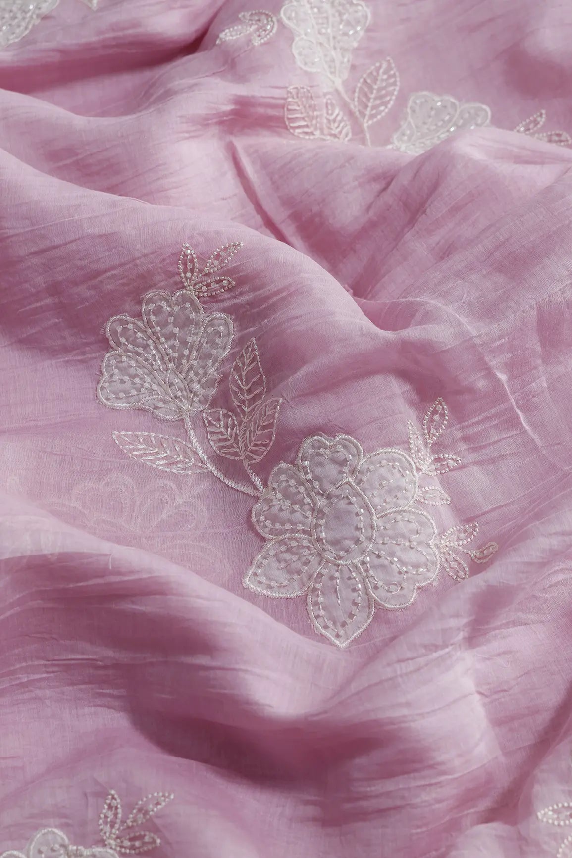 Beautiful Patch Work With Beads Embroidery On Pink Pure Mul Chanderi Silk Fabric