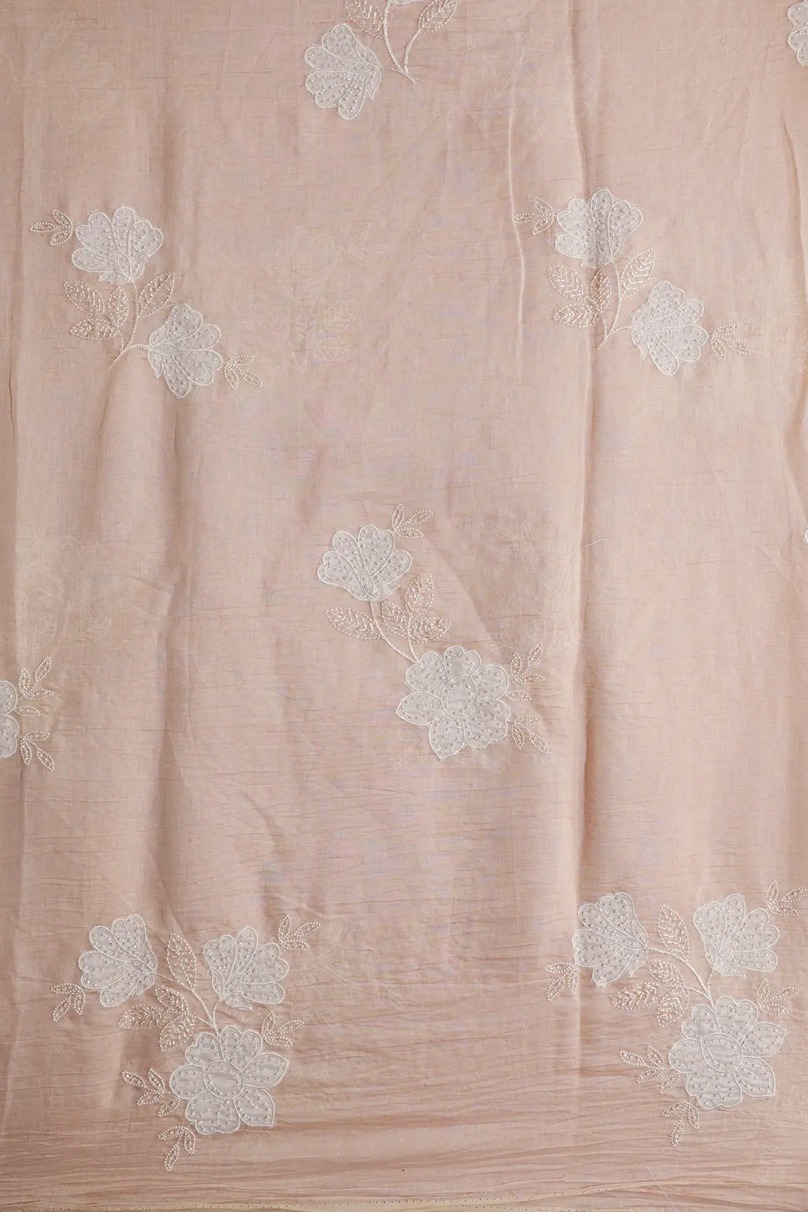 Beautiful Patch Work With Beads Embroidery On Peach Pure Mul Chanderi Silk Fabric