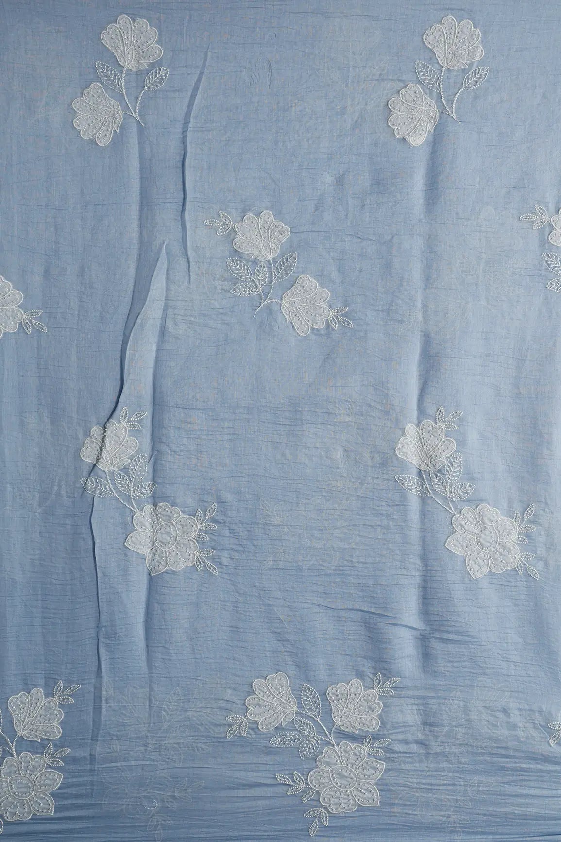 Beautiful Patch Work With Beads Embroidery On Pastel Blue Pure Mul Chanderi Silk Fabric