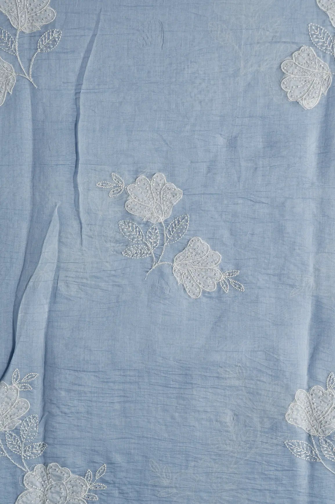 Beautiful Patch Work With Beads Embroidery On Pastel Blue Pure Mul Chanderi Silk Fabric