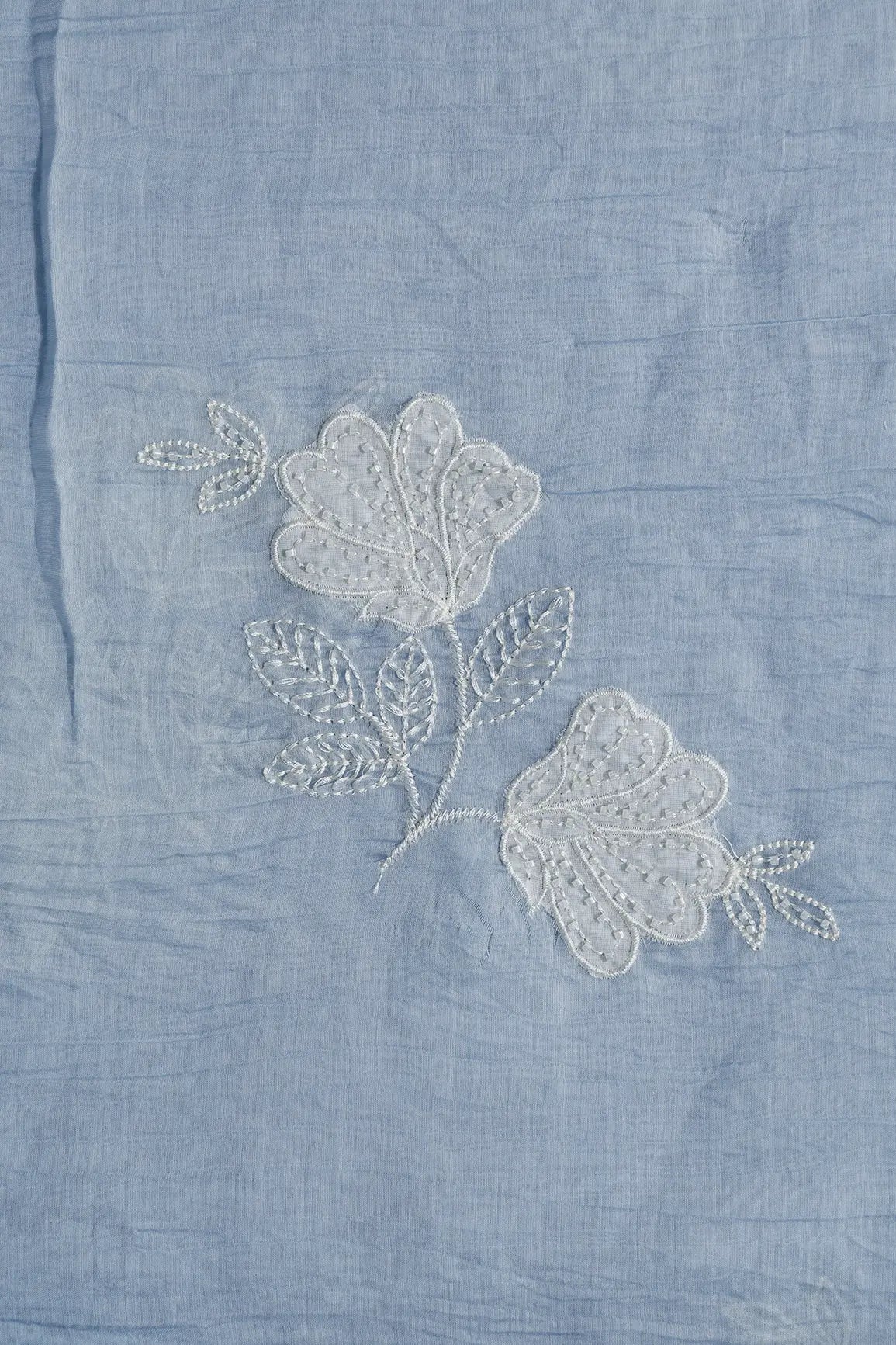 Beautiful Patch Work With Beads Embroidery On Pastel Blue Pure Mul Chanderi Silk Fabric