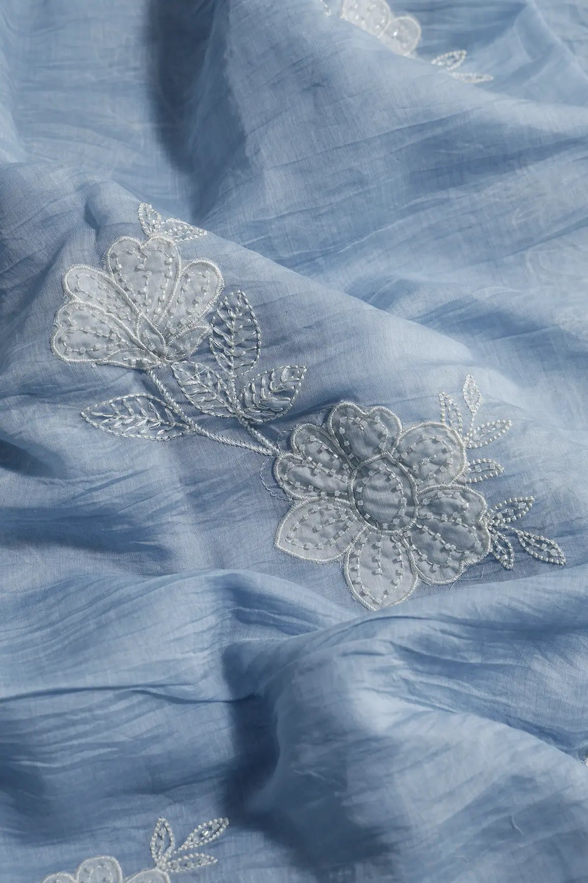 Beautiful Patch Work With Beads Embroidery On Pastel Blue Pure Mul Chanderi Silk Fabric