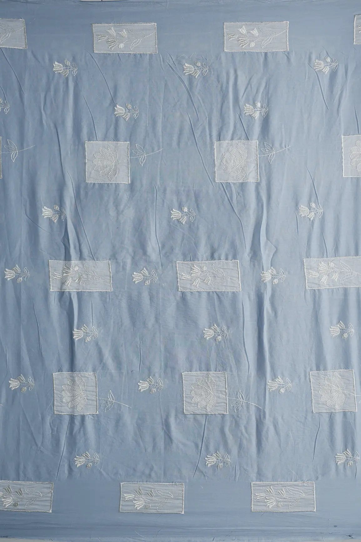 Applique Work Embroidery Design On Pastel Blue Pure Mul Cotton Fabric