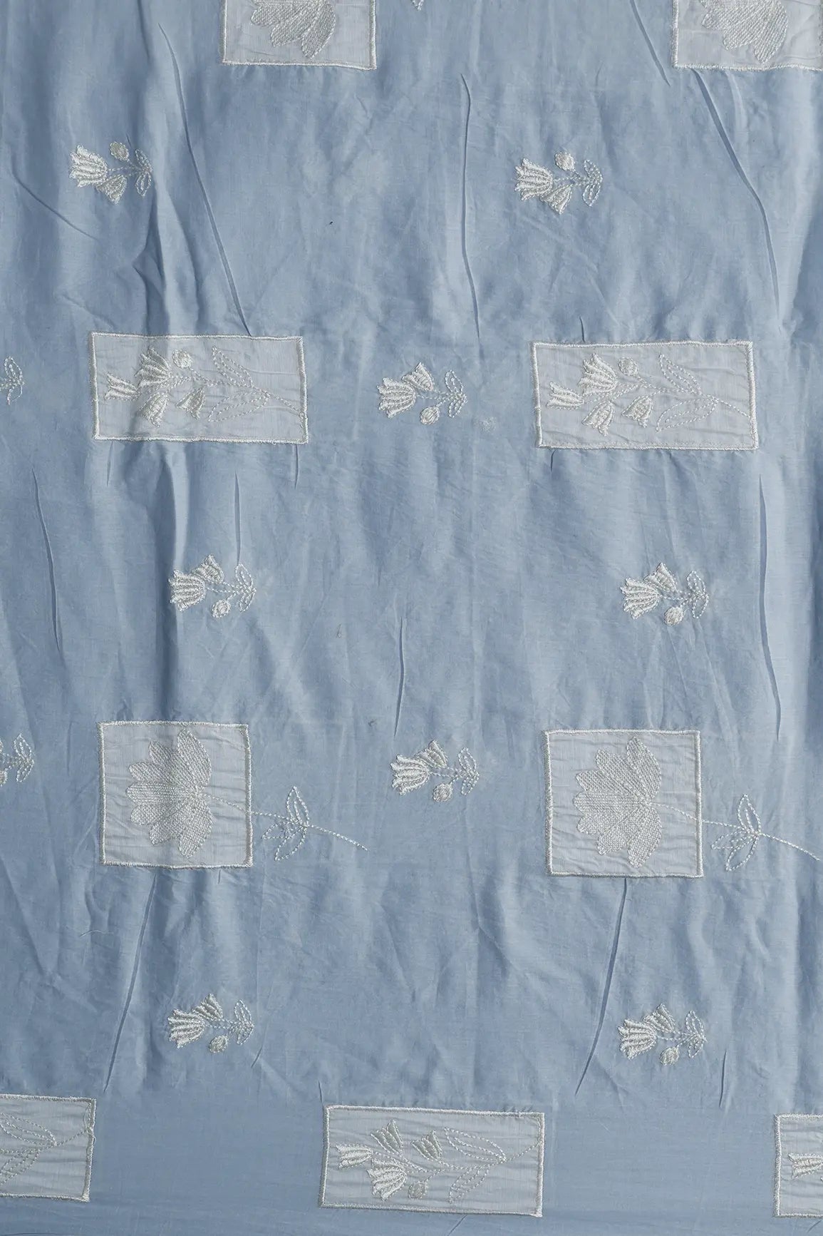 Applique Work Embroidery Design On Pastel Blue Pure Mul Cotton Fabric