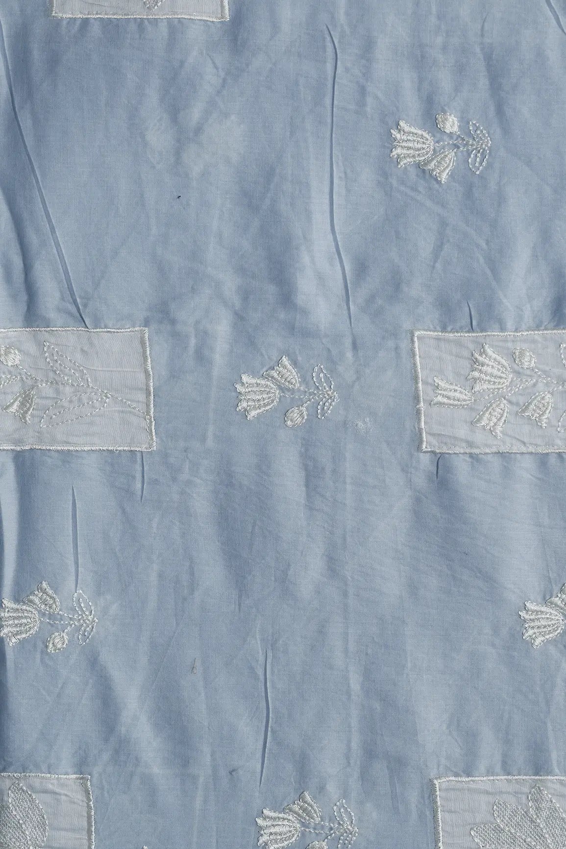 Applique Work Embroidery Design On Pastel Blue Pure Mul Cotton Fabric
