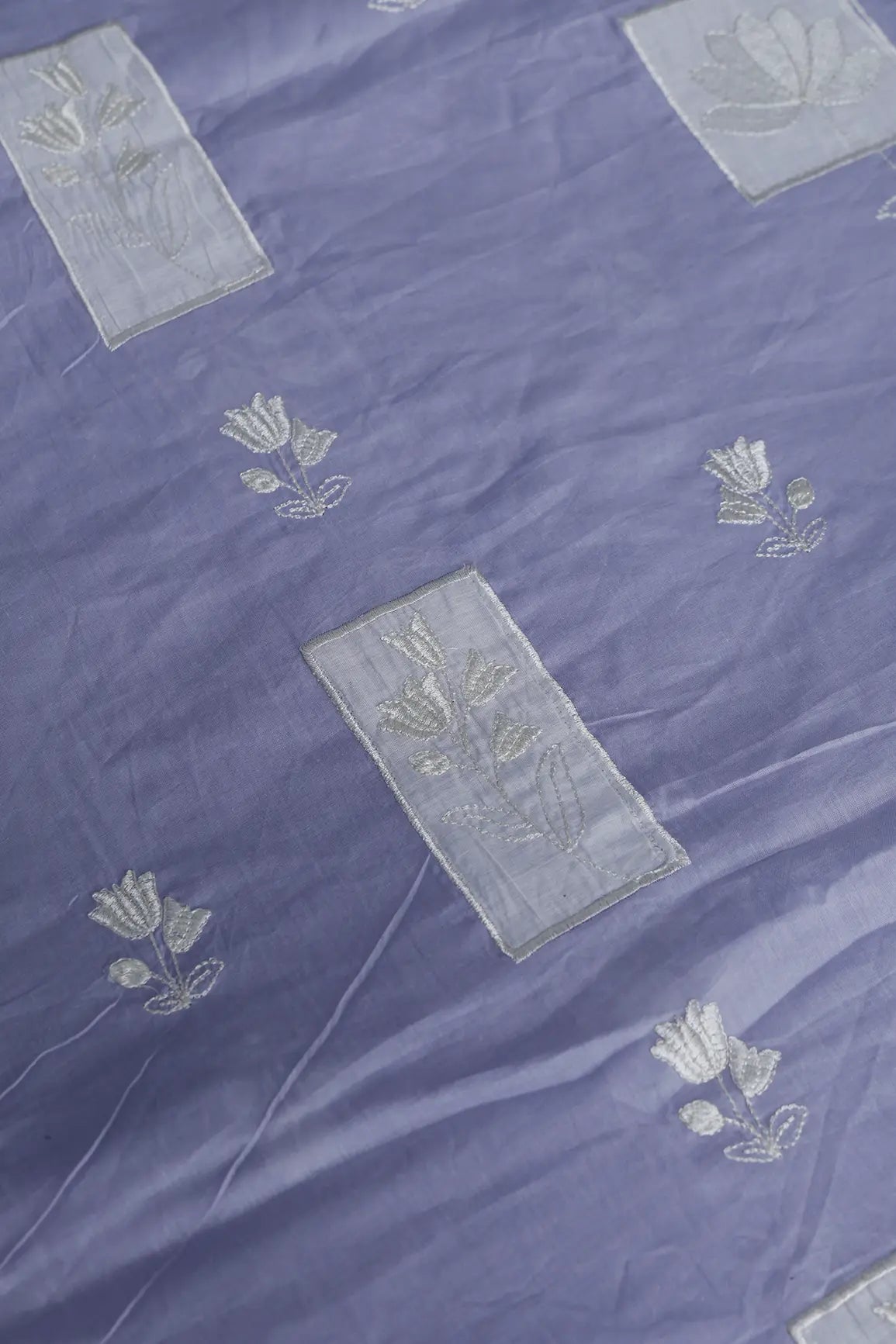 Applique Work Embroidery Design On Pastel Lilac Pure Mul Cotton Fabric