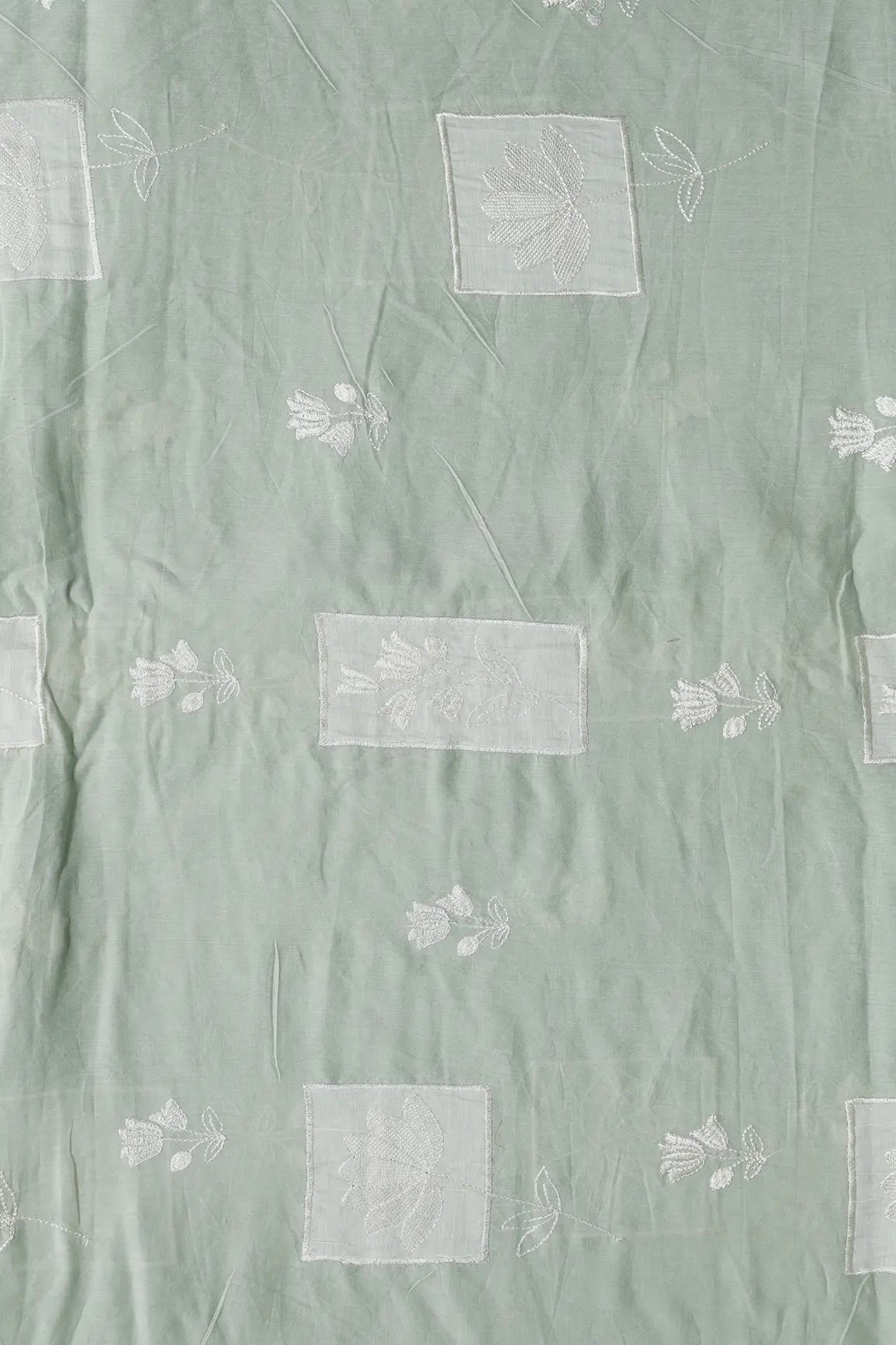 Applique Work Embroidery Design On Pastel Olive Green Pure Mul Cotton Fabric