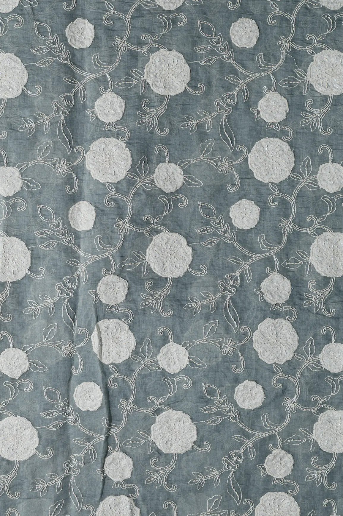 Beautiful Heavy Patch Work With Beads Floral Embroidery Design On Tempered Grey Pure Mul Chanderi Silk Fabric