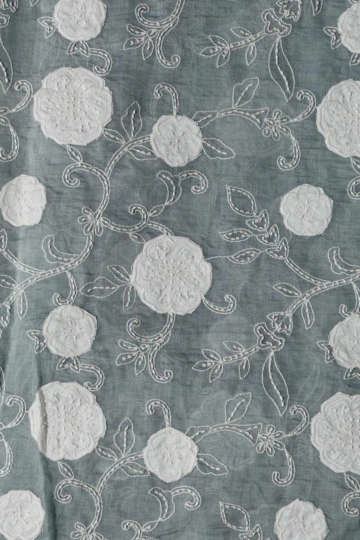 Beautiful Heavy Patch Work With Beads Floral Embroidery Design On Tempered Grey Pure Mul Chanderi Silk Fabric