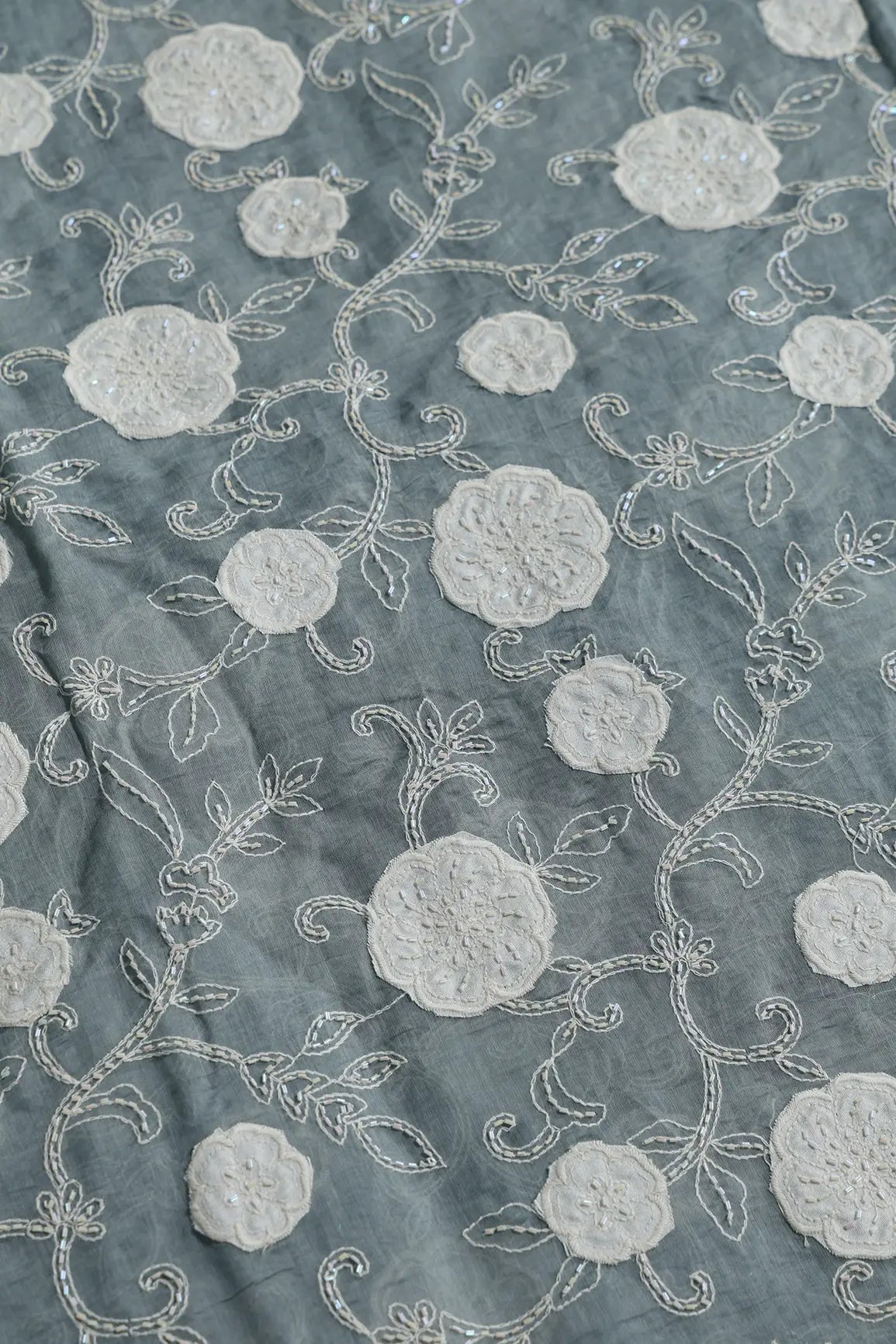 Beautiful Heavy Patch Work With Beads Floral Embroidery Design On Tempered Grey Pure Mul Chanderi Silk Fabric