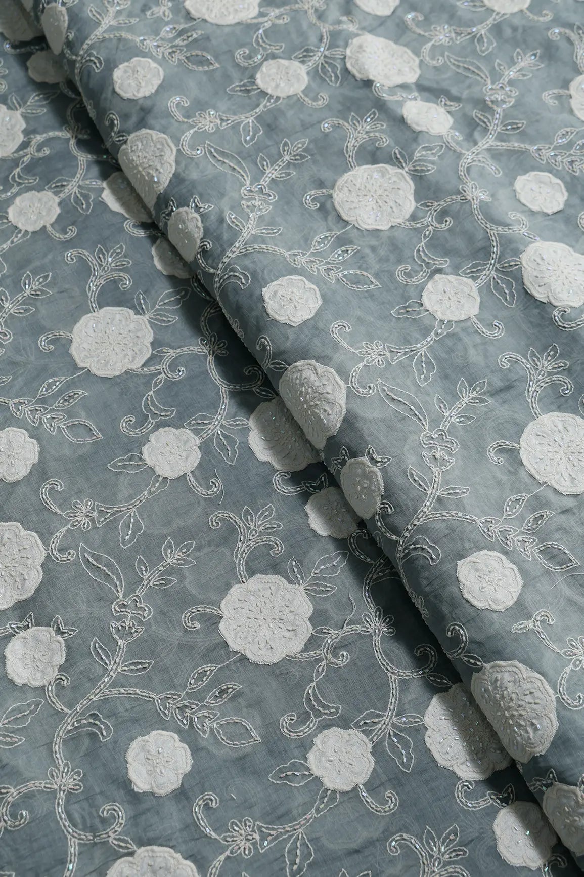 Beautiful Heavy Patch Work With Beads Floral Embroidery Design On Tempered Grey Pure Mul Chanderi Silk Fabric