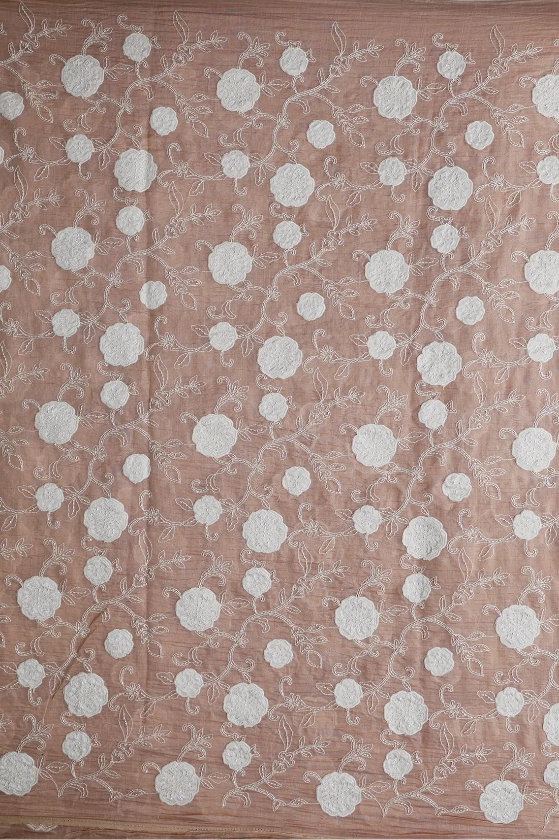 Beautiful Heavy Patch Work With Beads Floral Embroidery Design On Peach Pure Mul Chanderi Silk Fabric