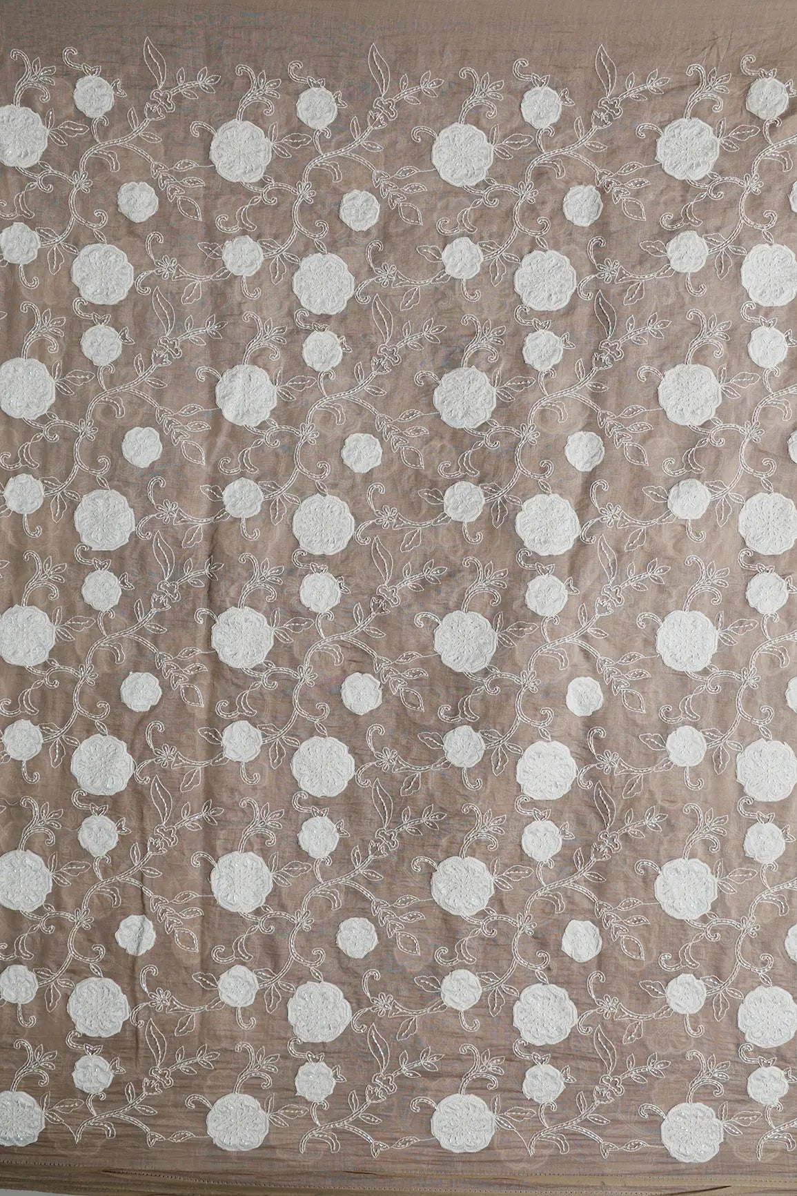 Beautiful Heavy Patch Work With Beads Floral Embroidery Design On Light Brown Pure Mul Chanderi Silk Fabric