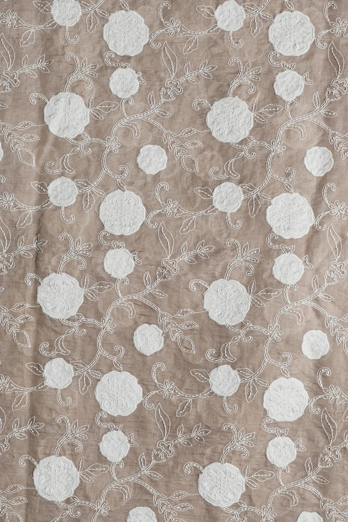 Beautiful Heavy Patch Work With Beads Floral Embroidery Design On Light Brown Pure Mul Chanderi Silk Fabric