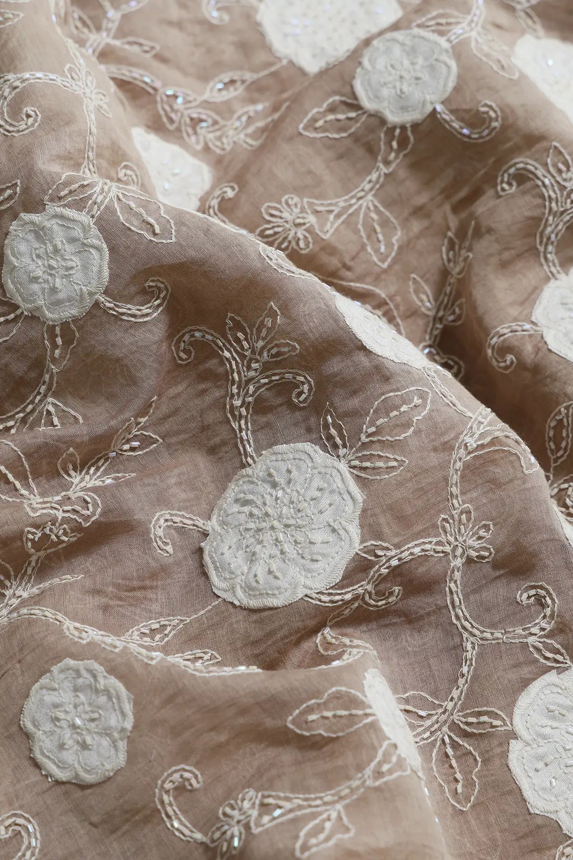 Beautiful Heavy Patch Work With Beads Floral Embroidery Design On Light Brown Pure Mul Chanderi Silk Fabric