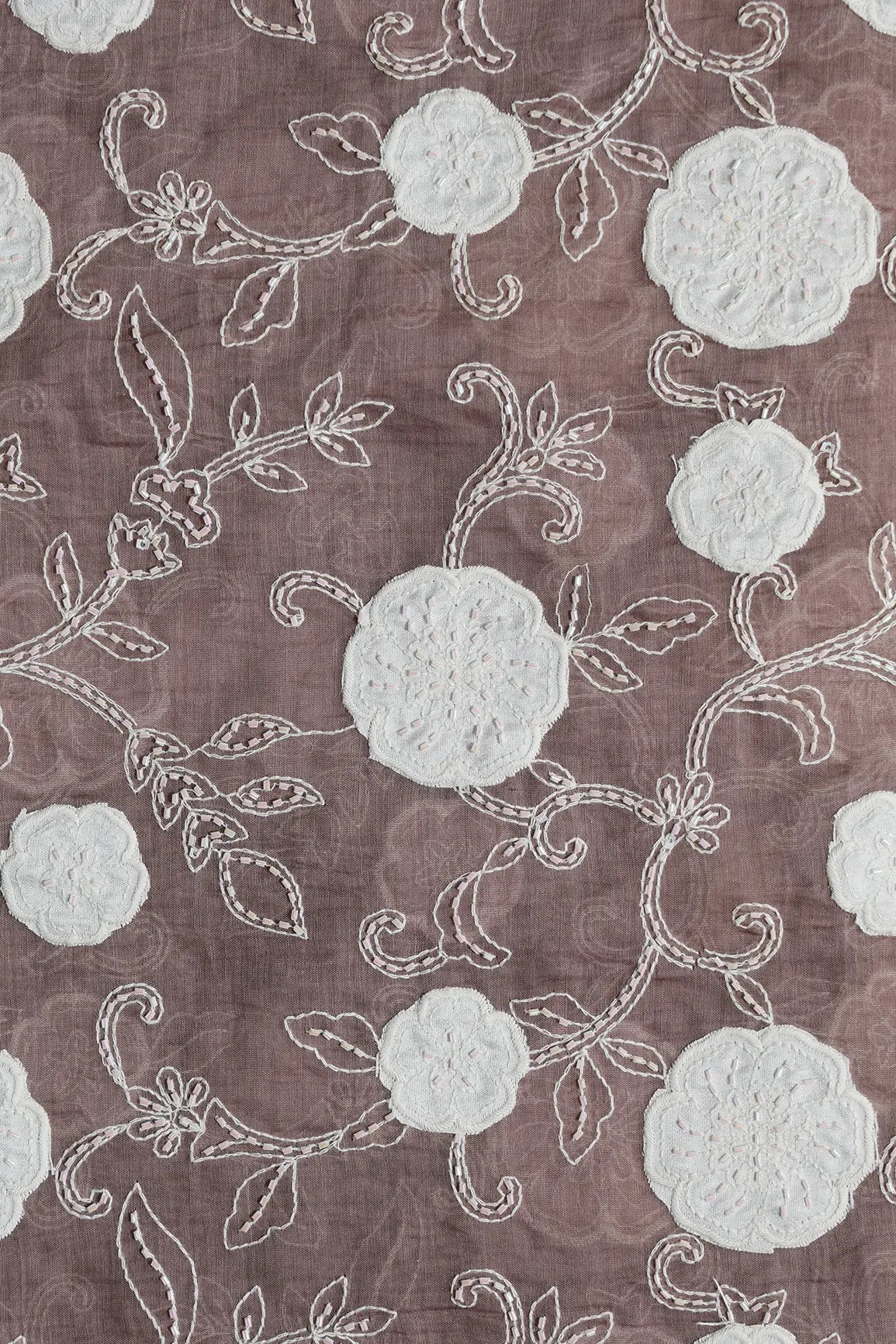 Beautiful Heavy Patch Work With Beads Floral Embroidery Design On Dark Mauve Pure Mul Chanderi Silk Fabric