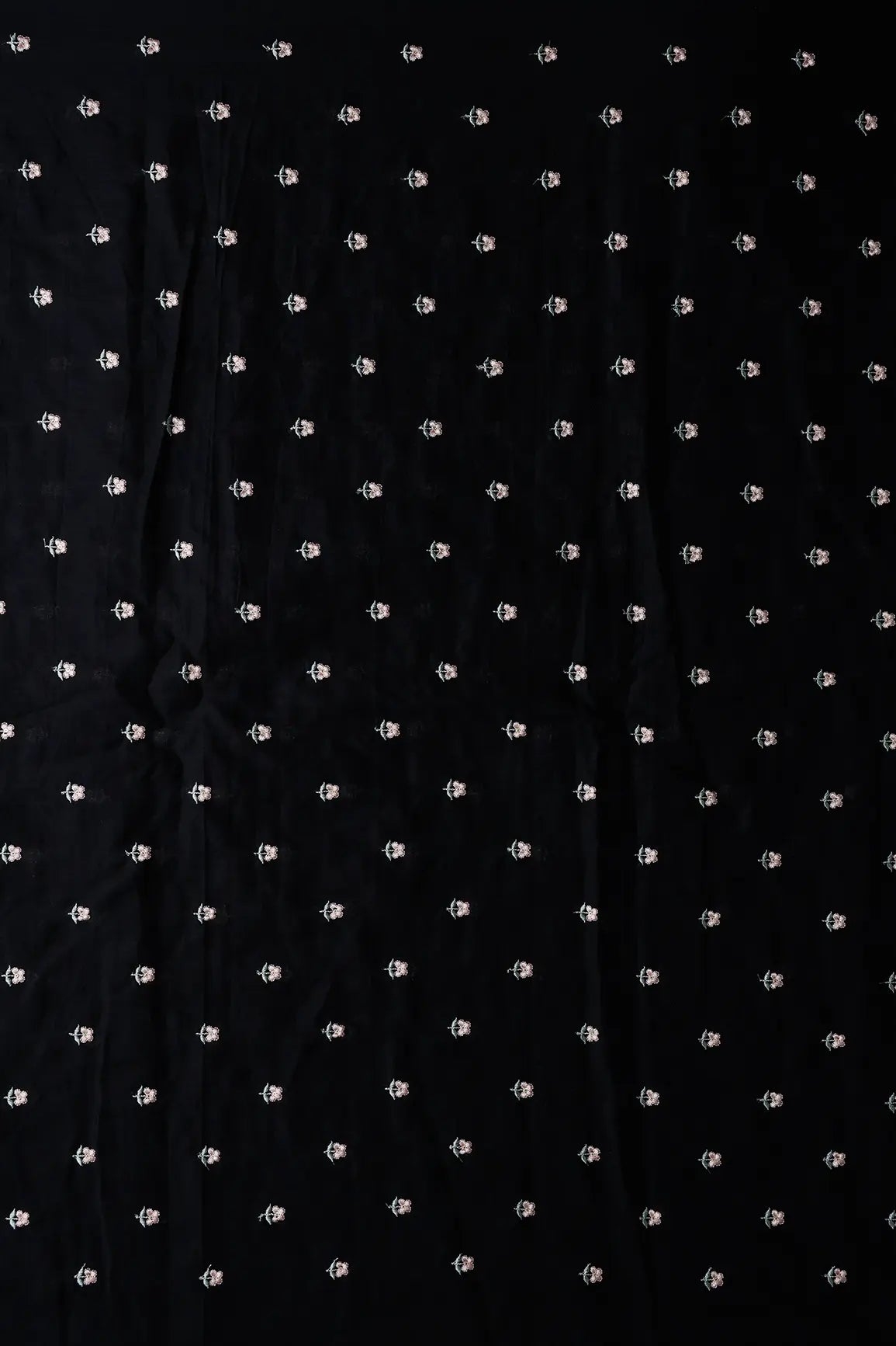 Peach & Olive Thread Small Floral Embroidery Work On Black Pure Mul Cotton Fabric