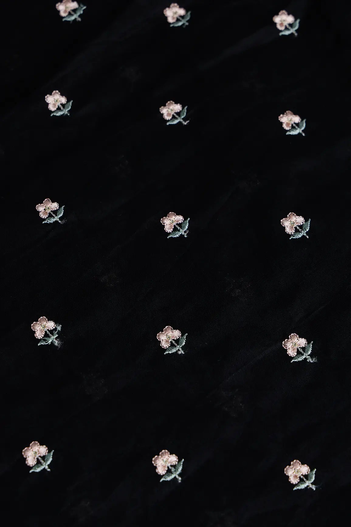 Peach & Olive Thread Small Floral Embroidery Work On Black Pure Mul Cotton Fabric