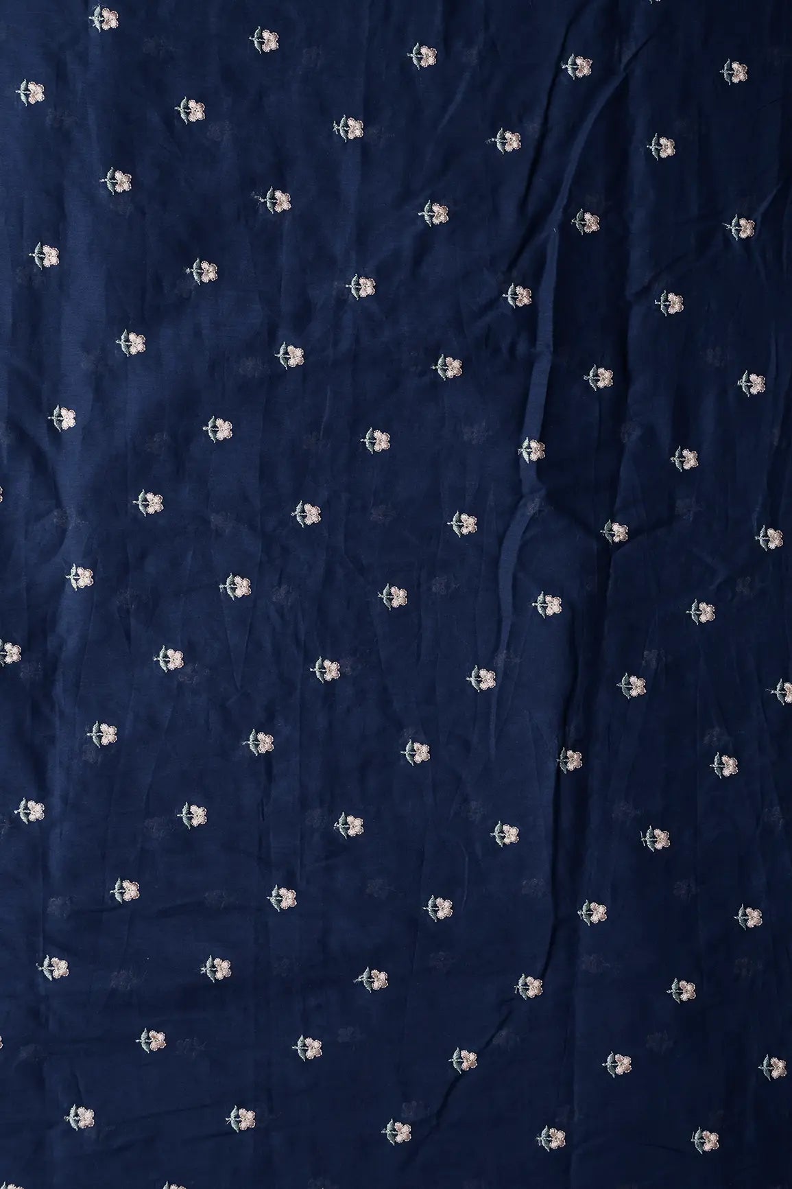 Peach & Olive Thread Small Floral Embroidery Work On Navy Blue Pure Mul Cotton Fabric