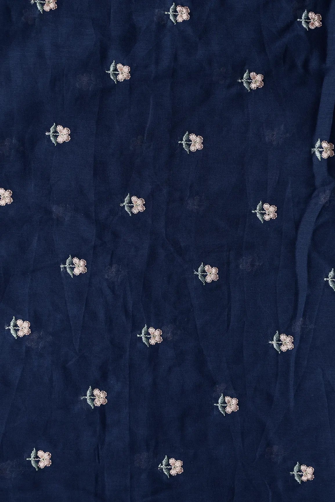Peach & Olive Thread Small Floral Embroidery Work On Navy Blue Pure Mul Cotton Fabric