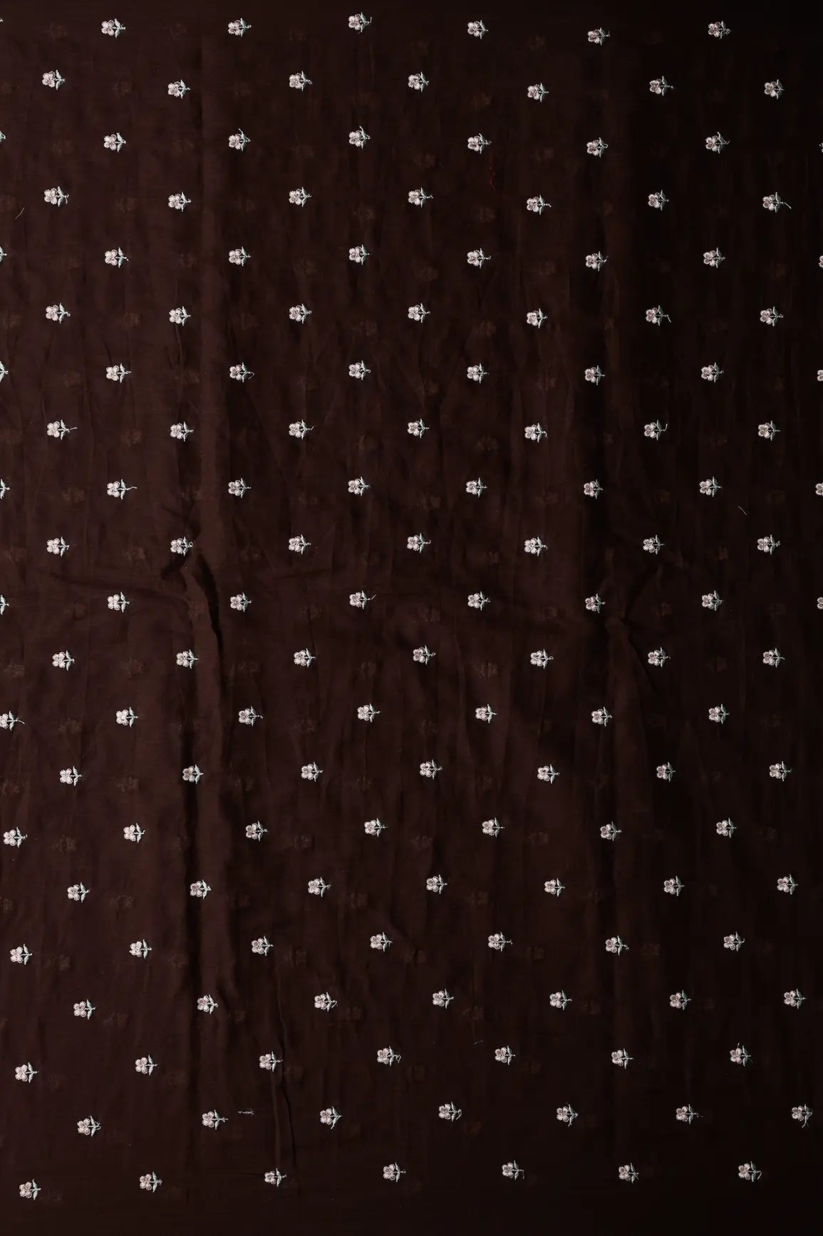 Peach & Olive Thread Small Floral Embroidery Work On Dark Coffee Pure Mul Cotton Fabric