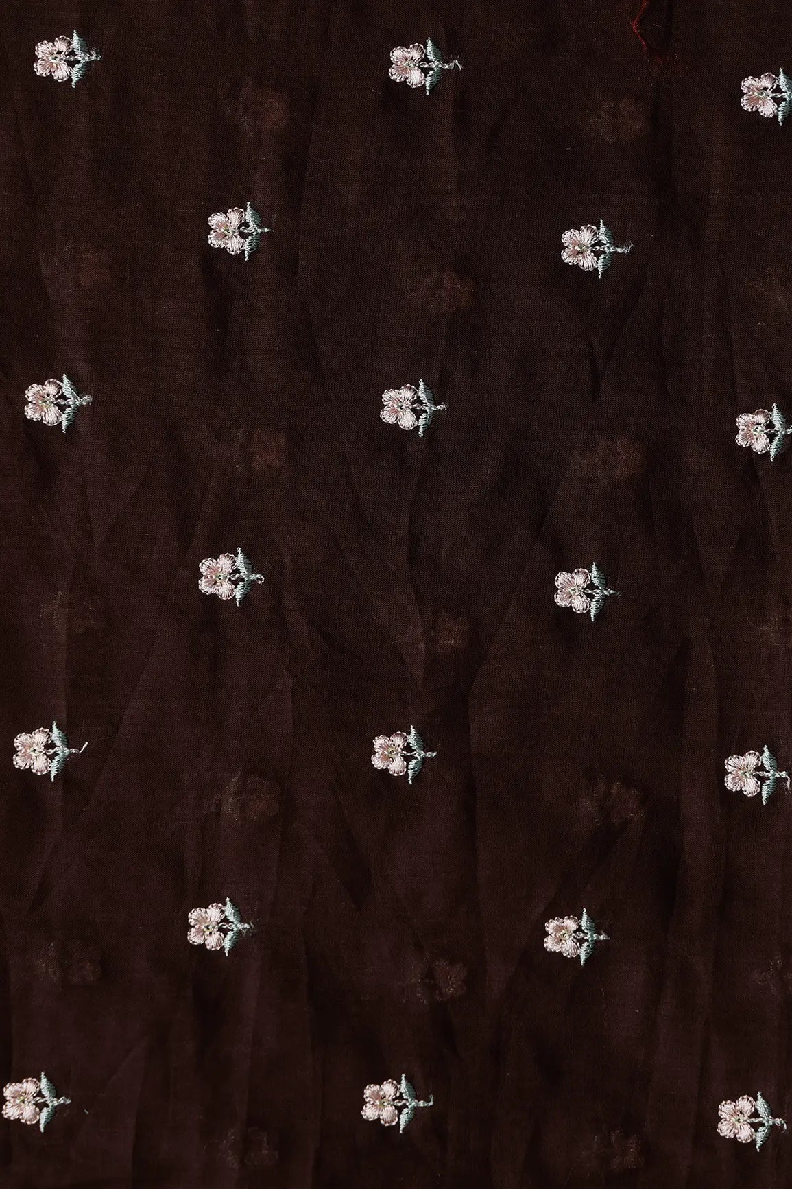 Peach & Olive Thread Small Floral Embroidery Work On Dark Coffee Pure Mul Cotton Fabric