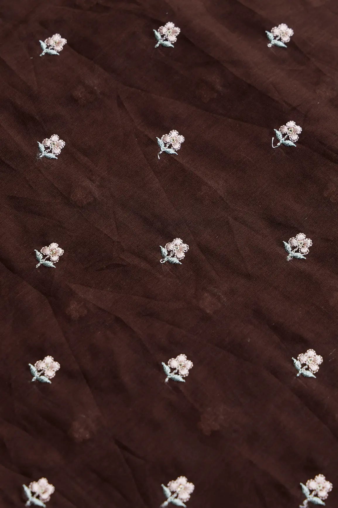 Peach & Olive Thread Small Floral Embroidery Work On Dark Coffee Pure Mul Cotton Fabric