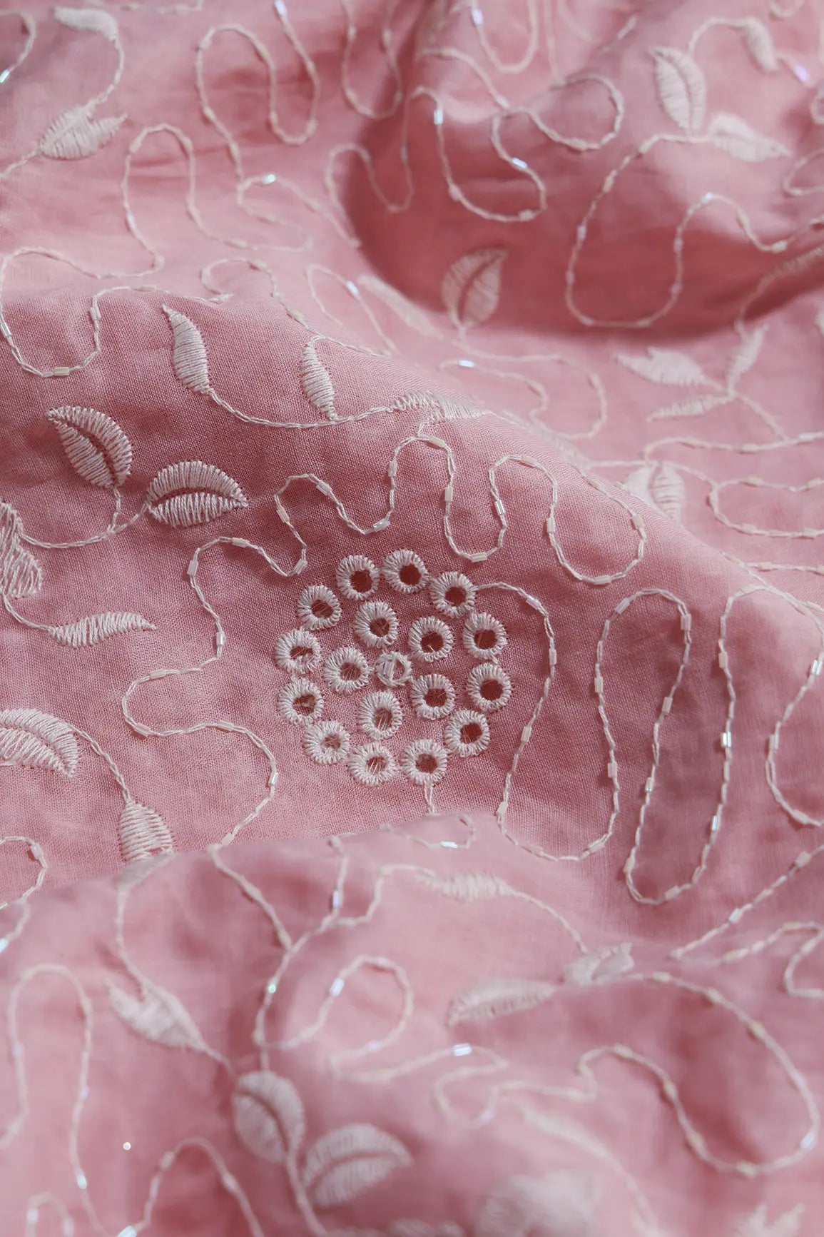 Heavy Boring Work With Beads Embroidery Design On Pastel Pink Pure Mul Cotton Fabric