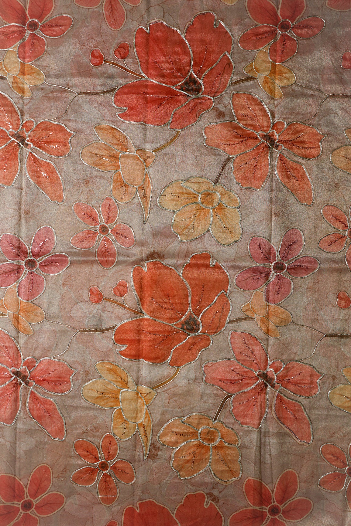 2 Meter Cut Piece Of Floral Positional Print On Sequins With Zari Embroidery On Light Brown Zari Tissue Fabric