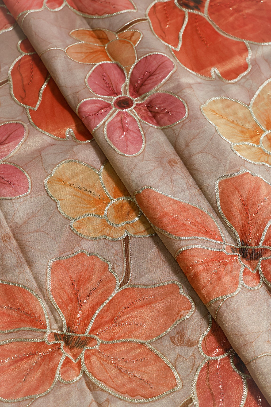 2 Meter Cut Piece Of Floral Positional Print On Sequins With Zari Embroidery On Light Brown Zari Tissue Fabric