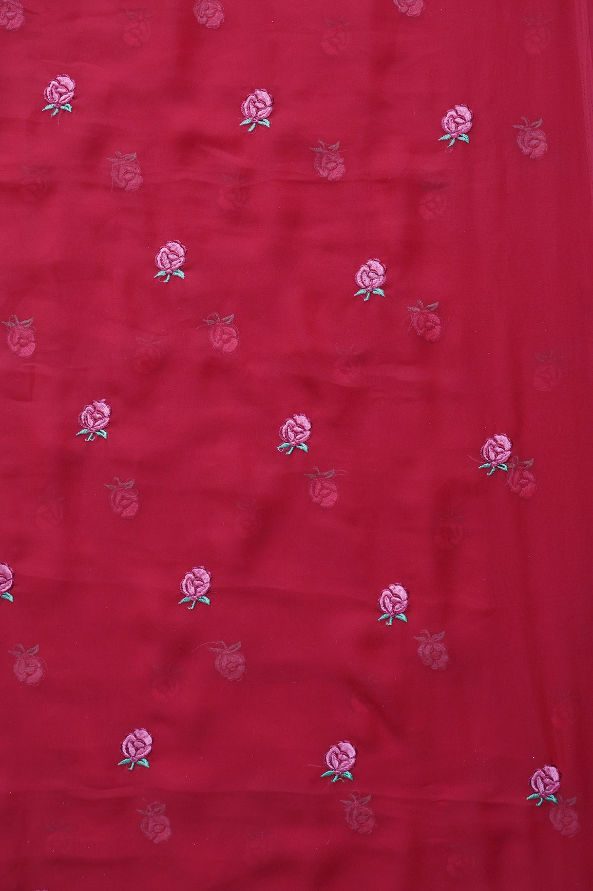 2.75 Meter Cut Piece Of Red And Pink Thread Beautiful Floral Embroidery On Red Georgette Fabric
