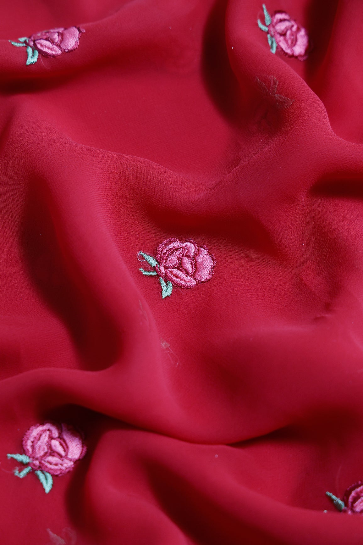 2.75 Meter Cut Piece Of Red And Pink Thread Beautiful Floral Embroidery On Red Georgette Fabric