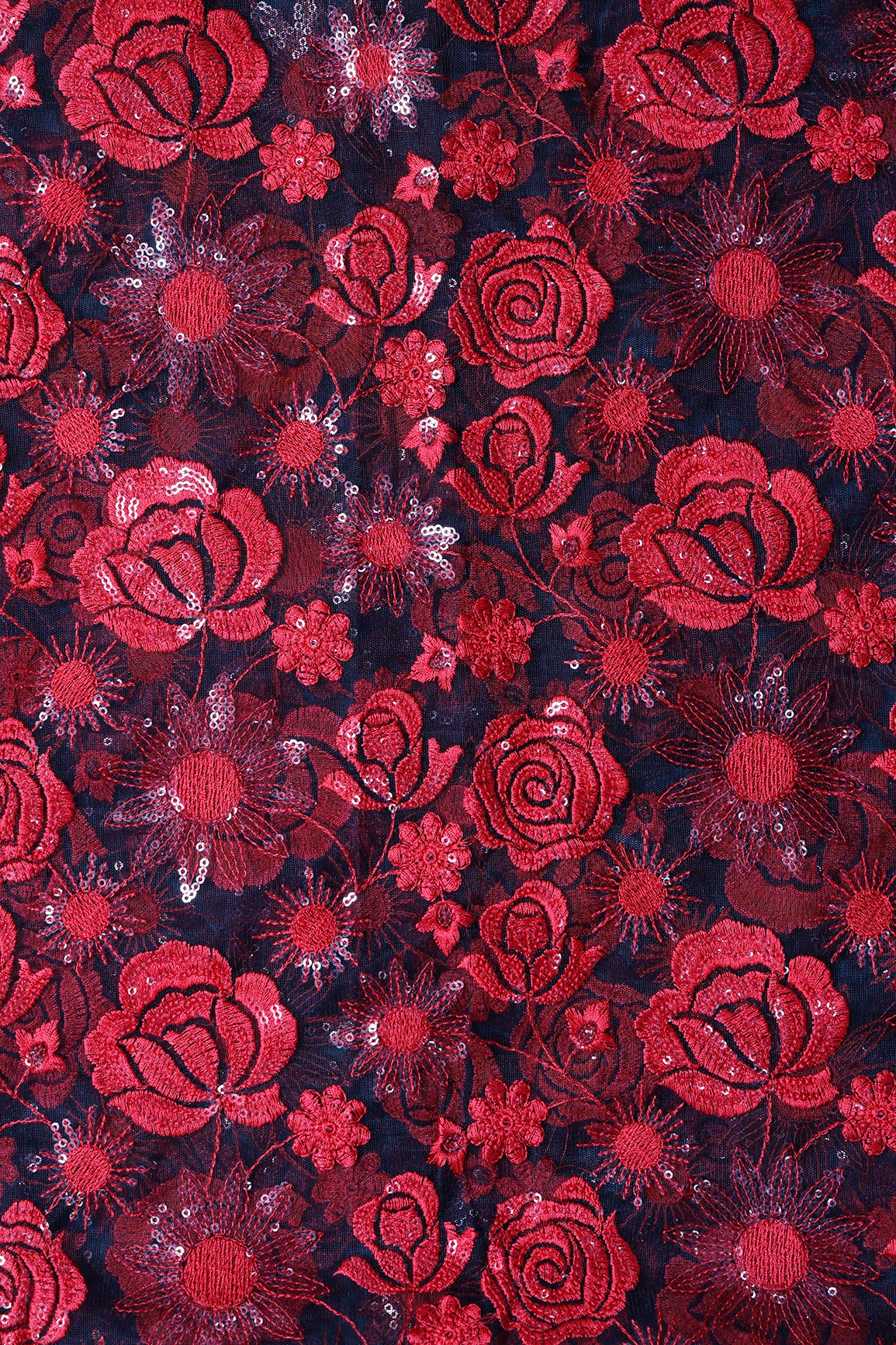 1 Meter Cut Piece Of Red Thread With Sequins Heavy Floral Embroidery On Black Soft Net Fabric