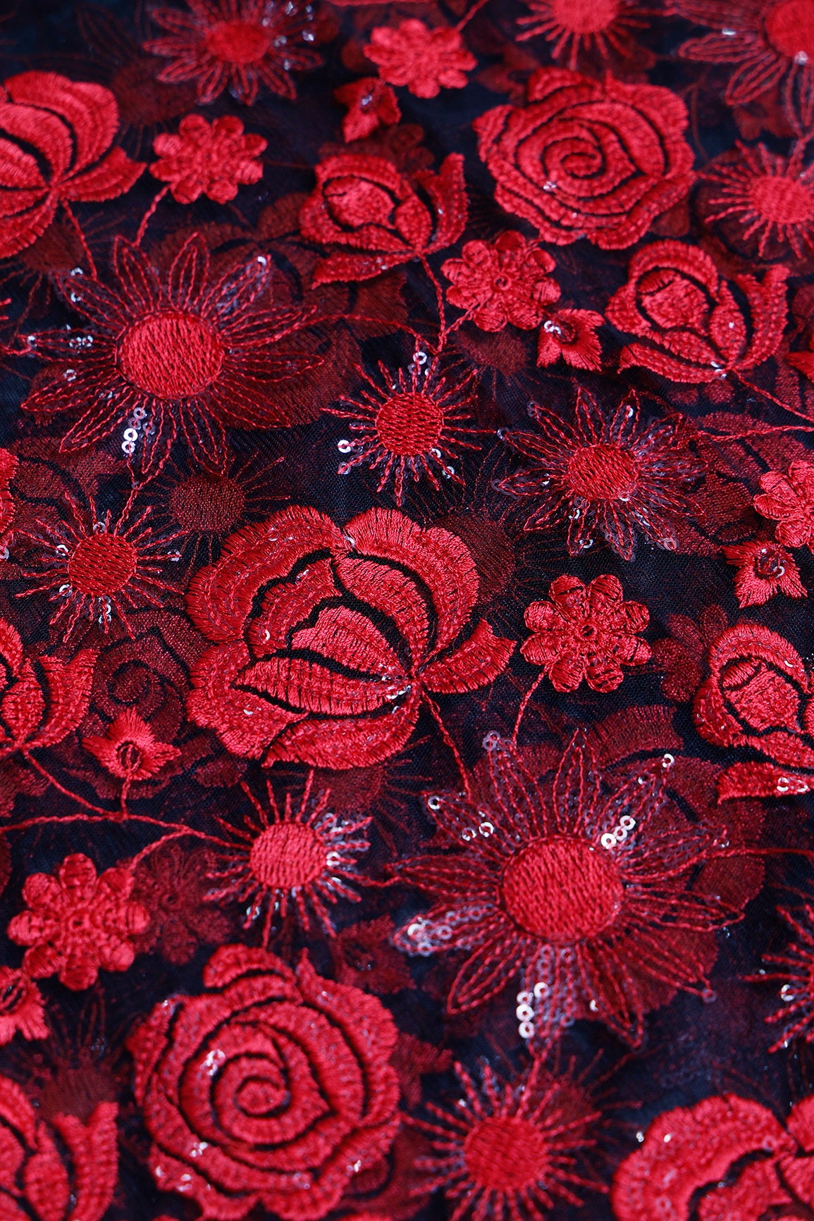 1 Meter Cut Piece Of Red Thread With Sequins Heavy Floral Embroidery On Black Soft Net Fabric