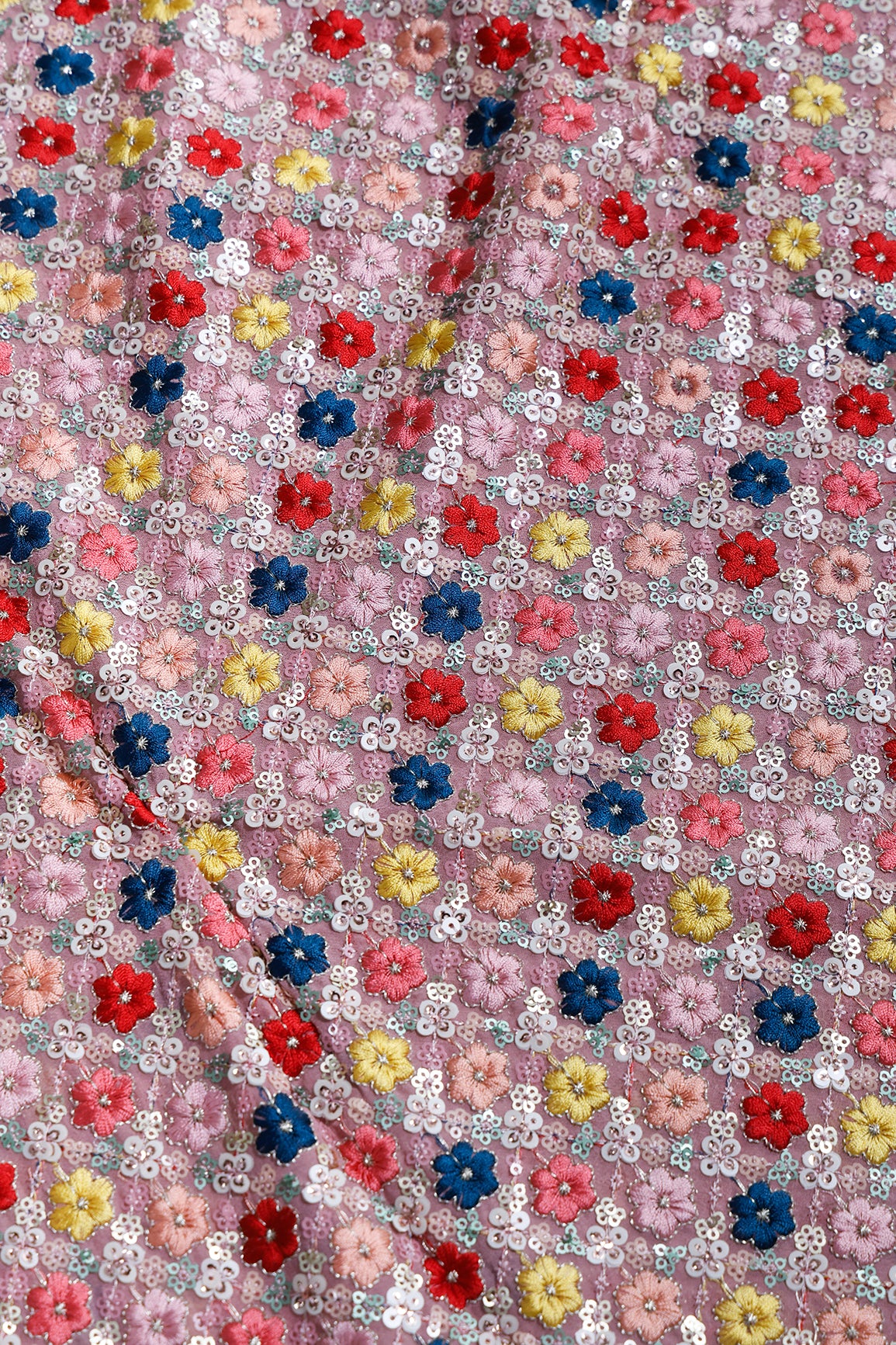 2 Meter Cut Piece Of Multi Color Thread With Sequins Fabulous Floral Embroidery On Gajri Viscose Georgette Fabric