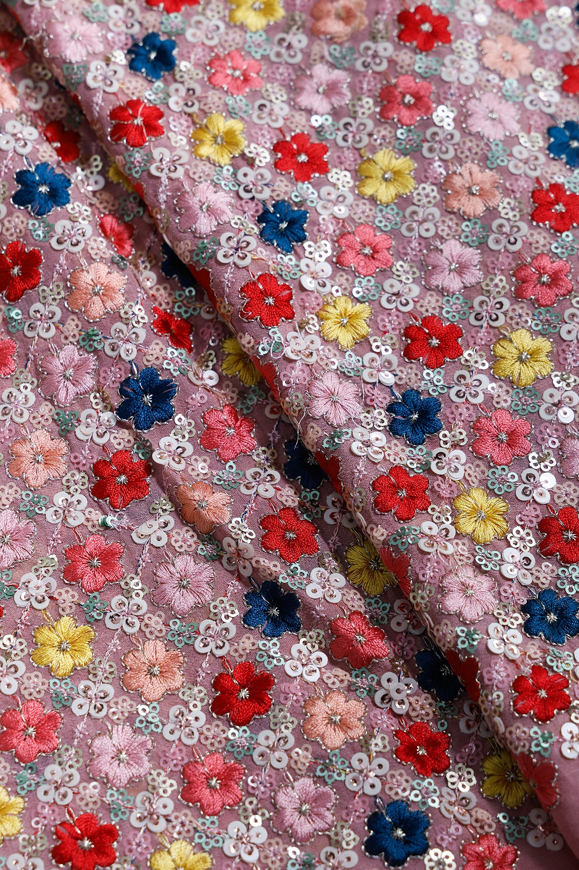 2 Meter Cut Piece Of Multi Color Thread With Sequins Fabulous Floral Embroidery On Gajri Viscose Georgette Fabric