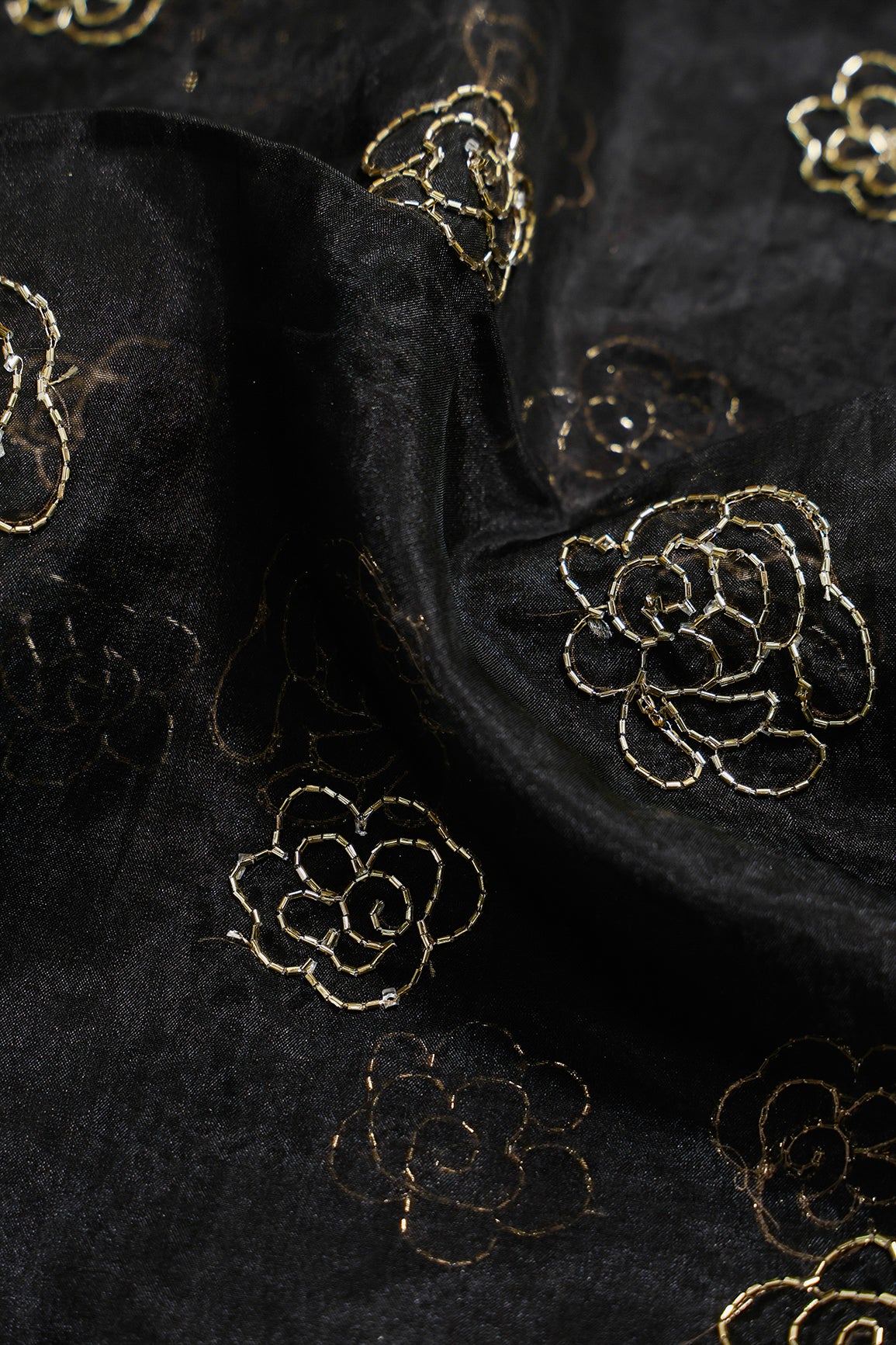 1 Meter Cut Piece Of Cut Dana Beads Beautiful Floral Embroidery On Black Organza Fabric