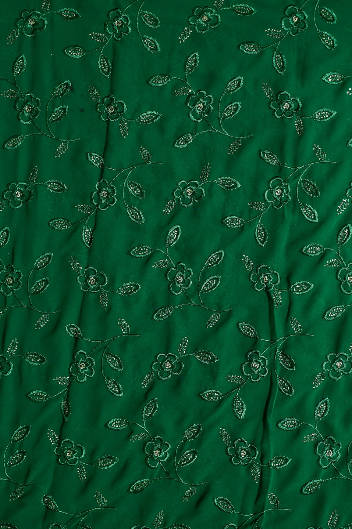3.75 Meter Cut Piece Of Gorgeous Dark Green Thread With Gold Sequins Floral Leafy Embroidery Work On Dark Green Georgette Fabric