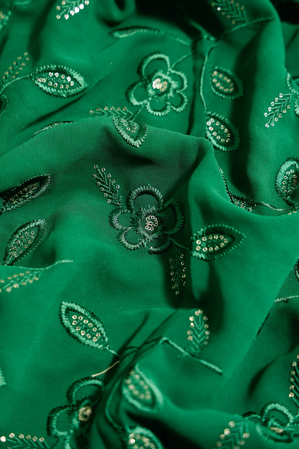 3.75 Meter Cut Piece Of Gorgeous Dark Green Thread With Gold Sequins Floral Leafy Embroidery Work On Dark Green Georgette Fabric