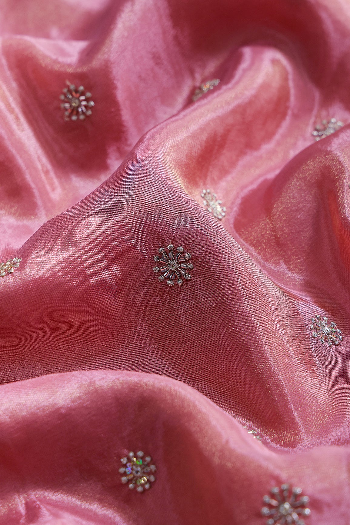 Multi Sequins & Beads With Zari Floral Butti Embroidery Work On Gajri Viscose Zari Tissue Fabric