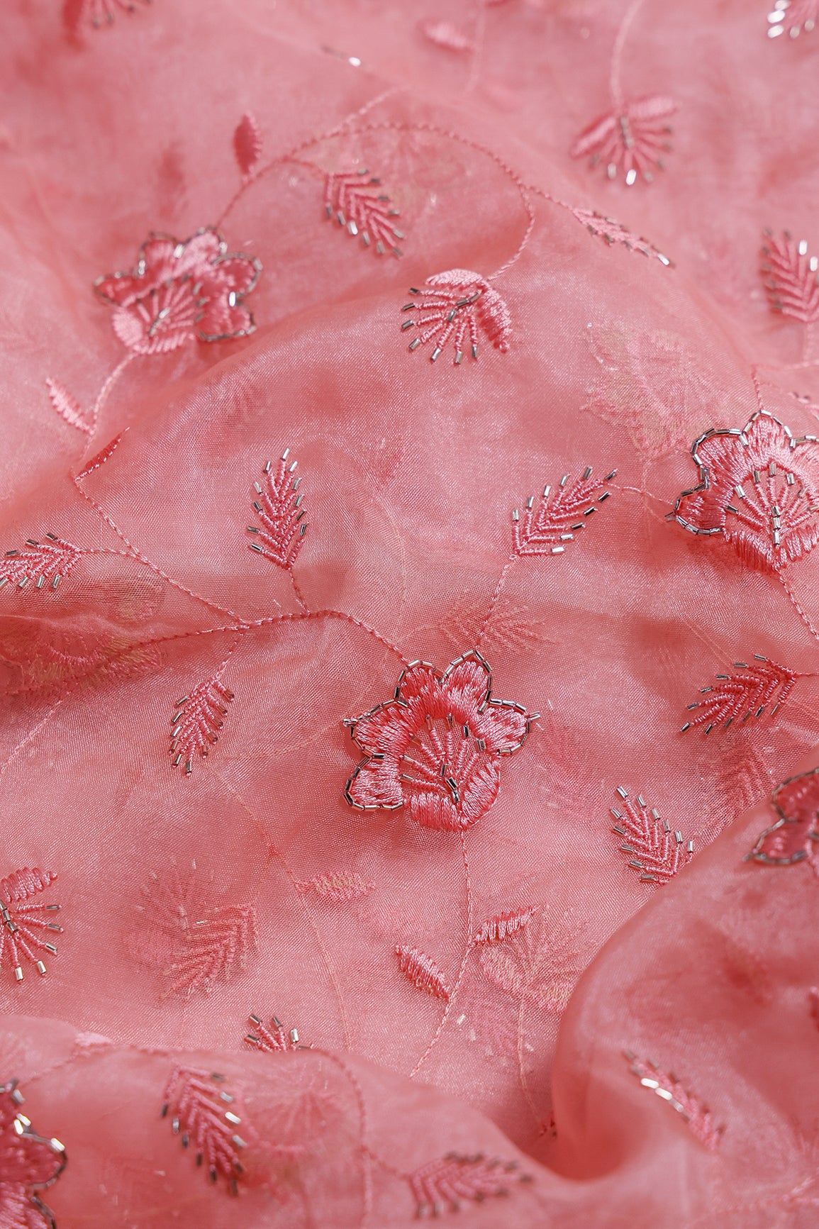 2 Meter Cut Piece Of Pink Thread With Beads Floral Embroidery On Pink Organza Fabric