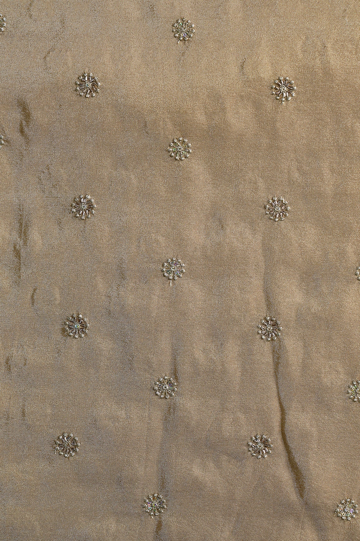 Multi Sequins & Beads With Zari Floral Butti Embroidery Work On Beige Viscose Zari Tissue Fabric