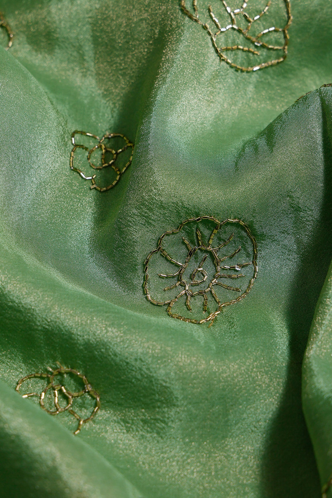 2 Meter Cut Piece Of Cut Dana Beads Floral Embroidery Work On Olive Pure Viscose Zari Tissue Fabric